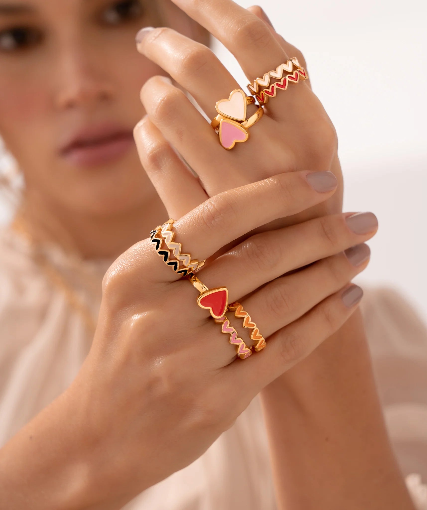 Set Anillo *2 Multicorazones Rojo y Blanco