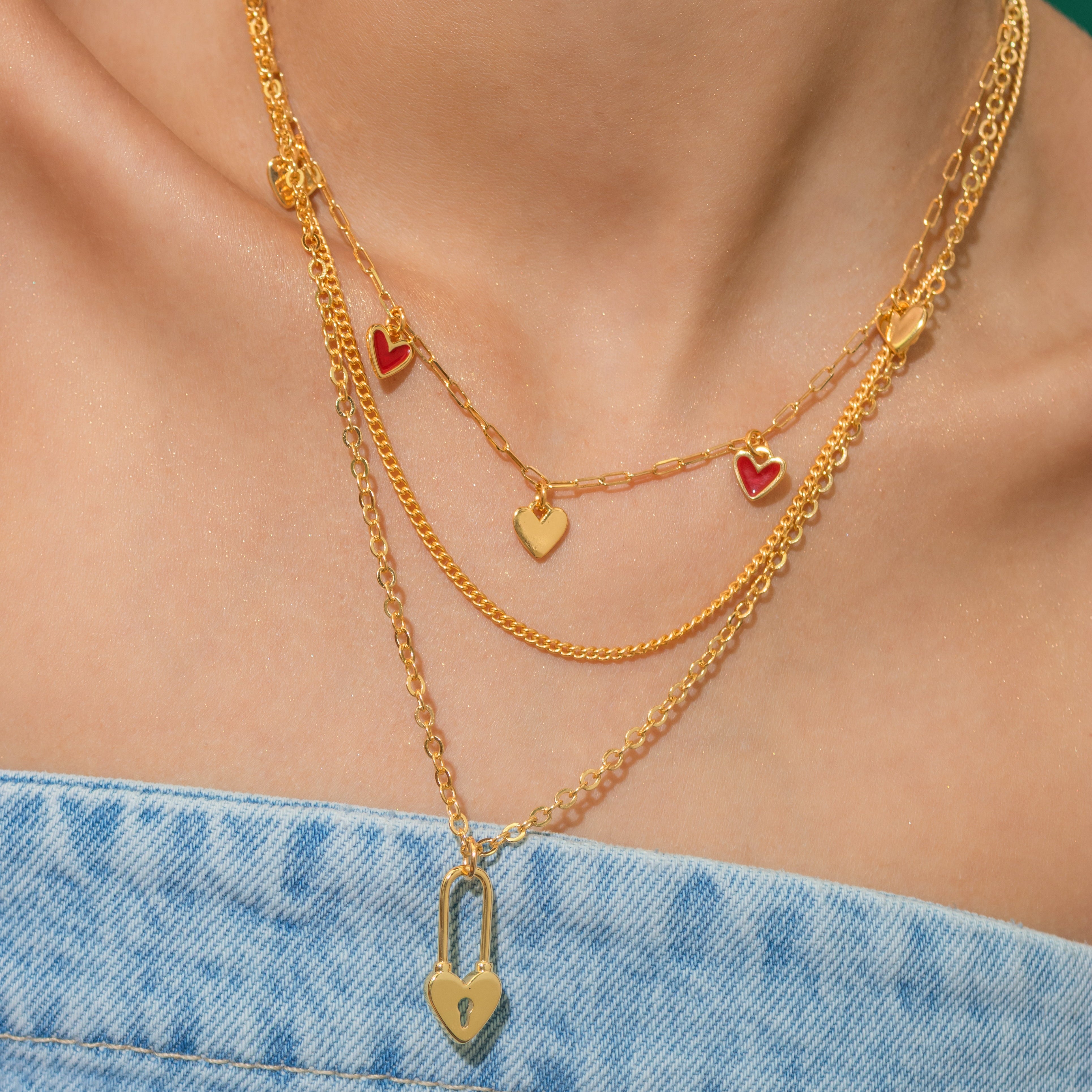 Set X2 Collares Corazón Candado + Aretes