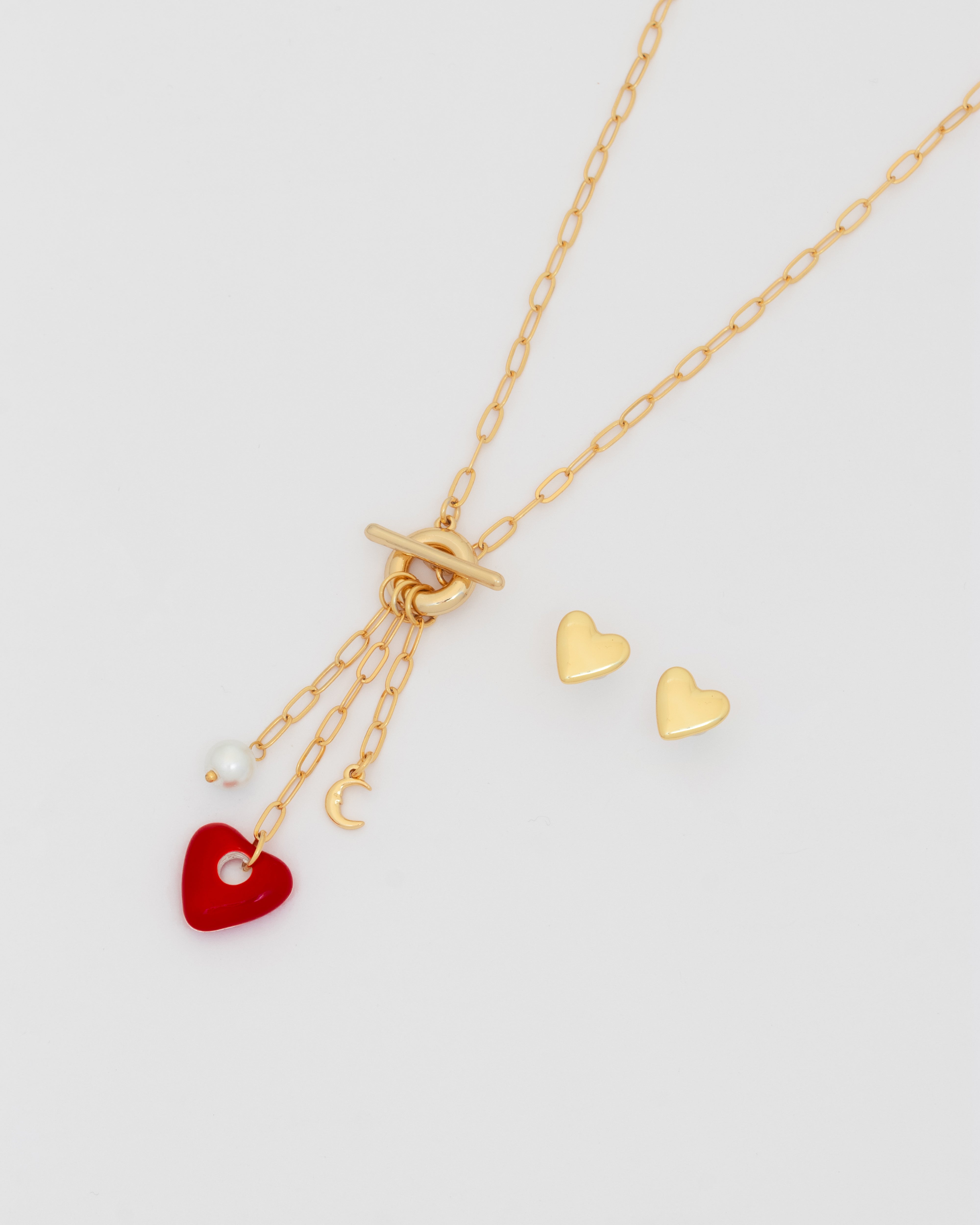 Collar Corbatin Corazón Perla + Aretes