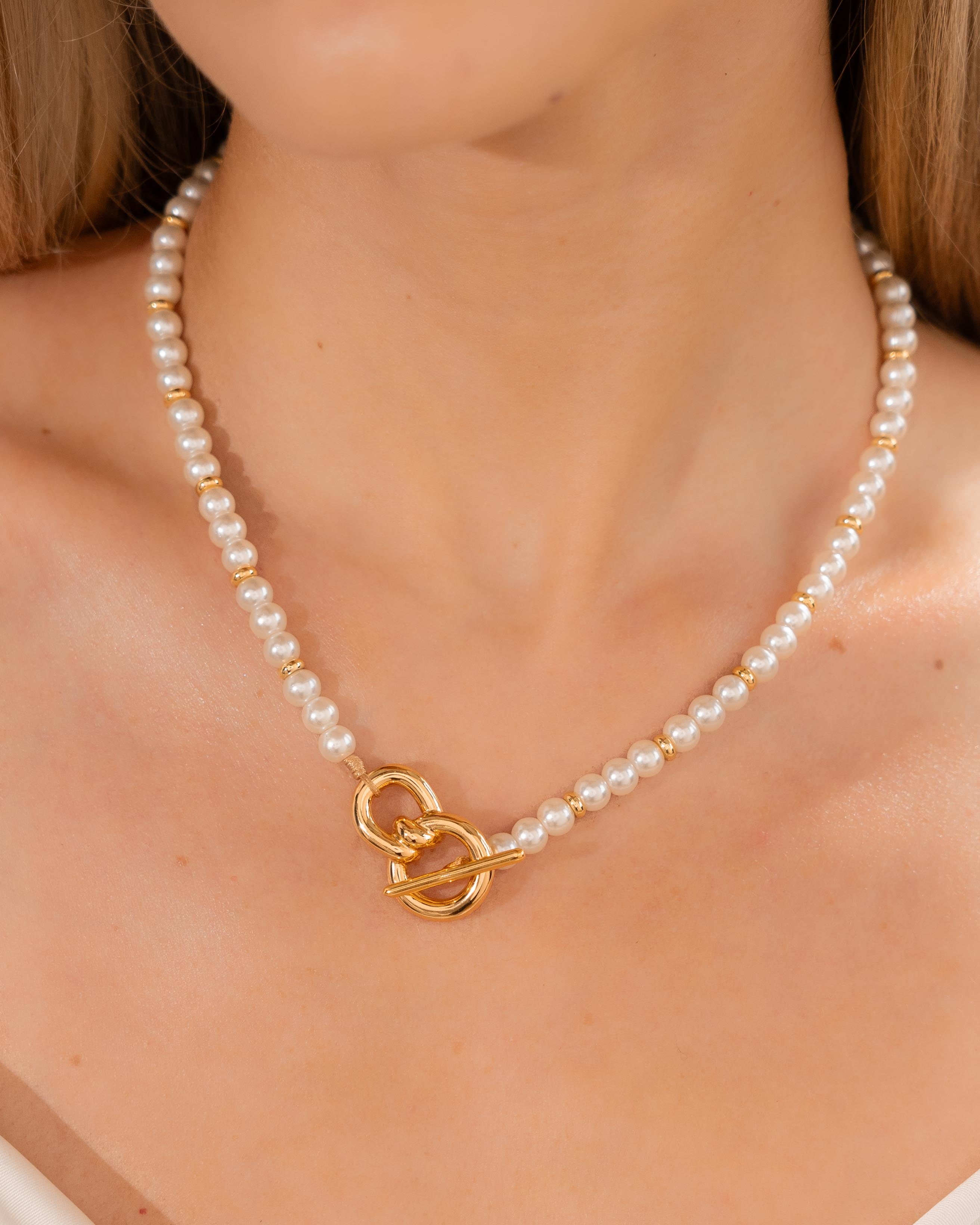 Collar Perlas Eslabon Lazo Maxi + Aretes