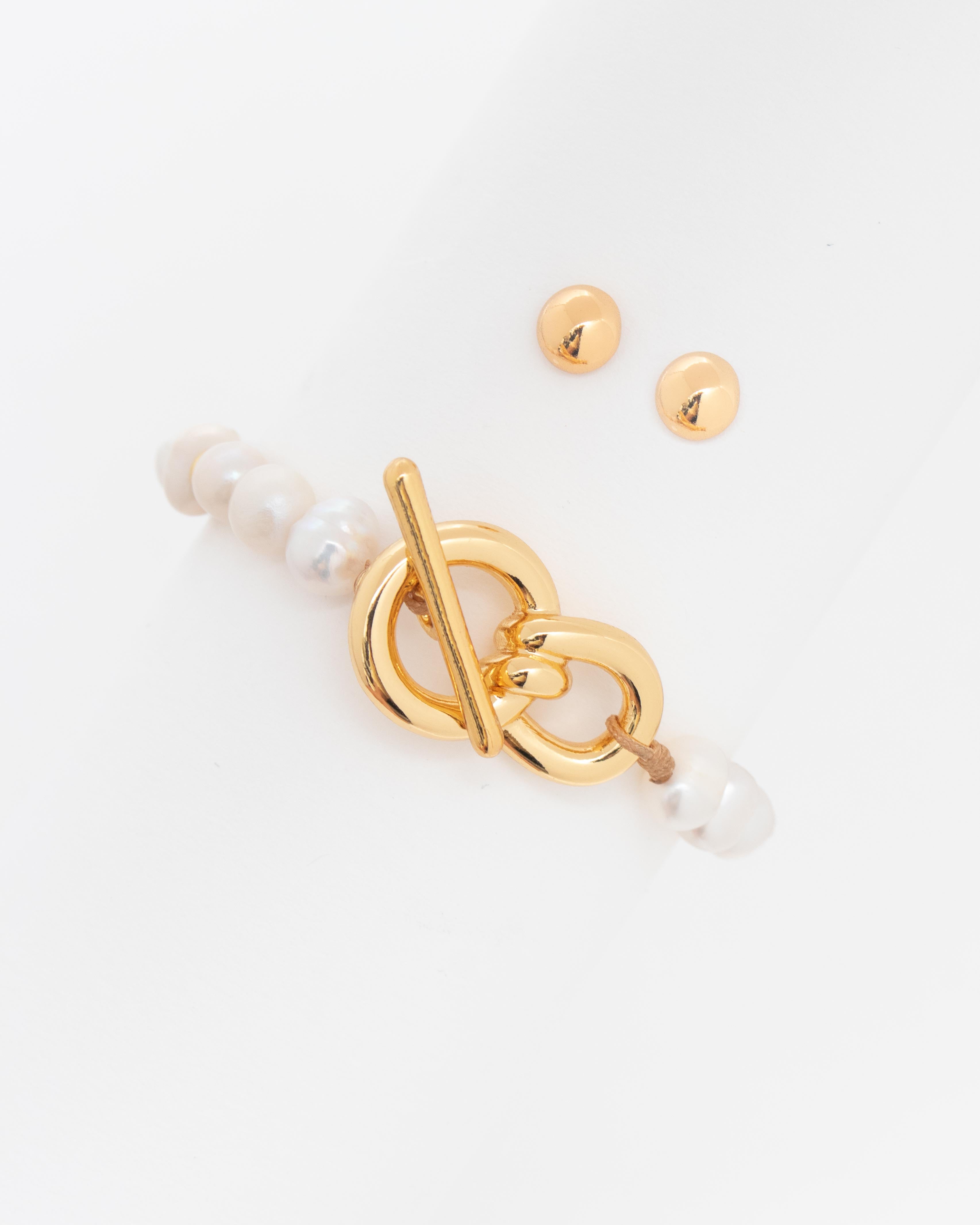 Pulsera Perla Eslabon Lazo Maxi + Aretes