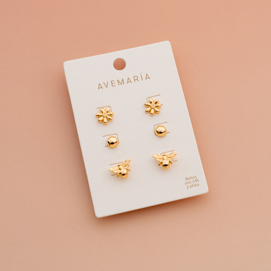 Set x3 Aretes Flor y Abeja