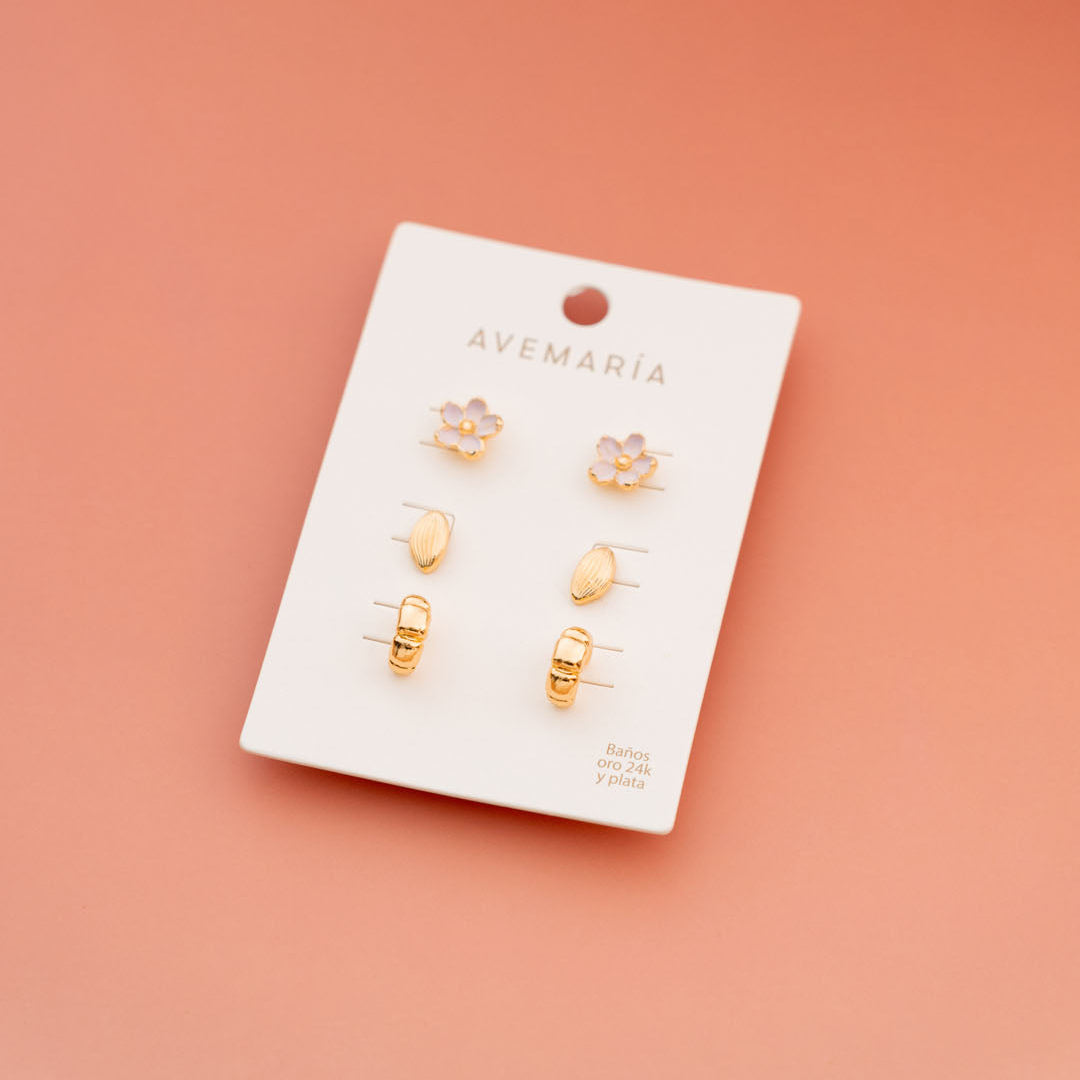 Set x3 Aretes Hoja y Flor