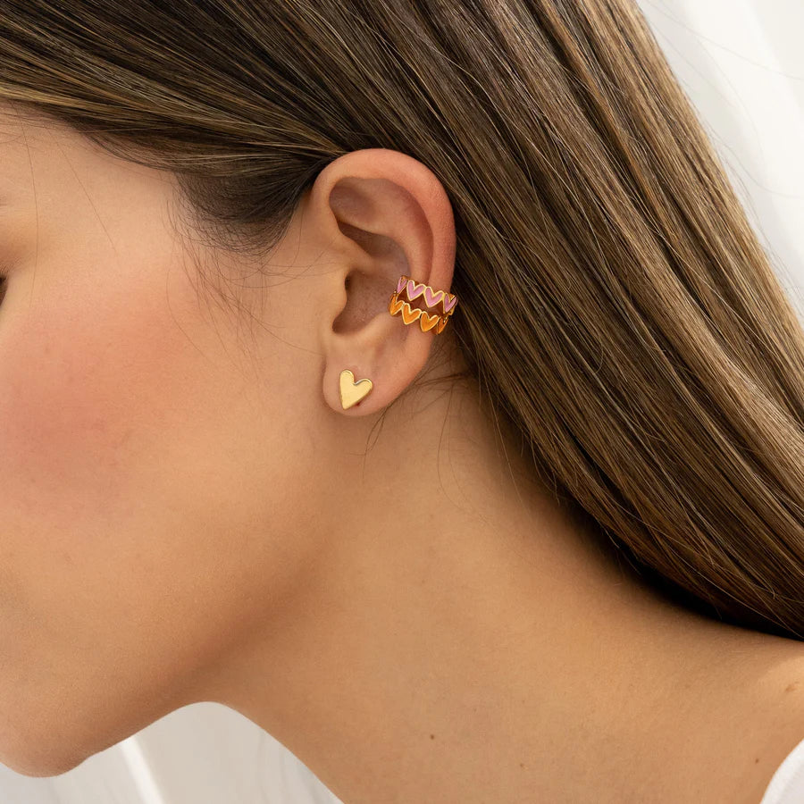 Set De Aretes + Earcuff Corazones Rosa y Naranja