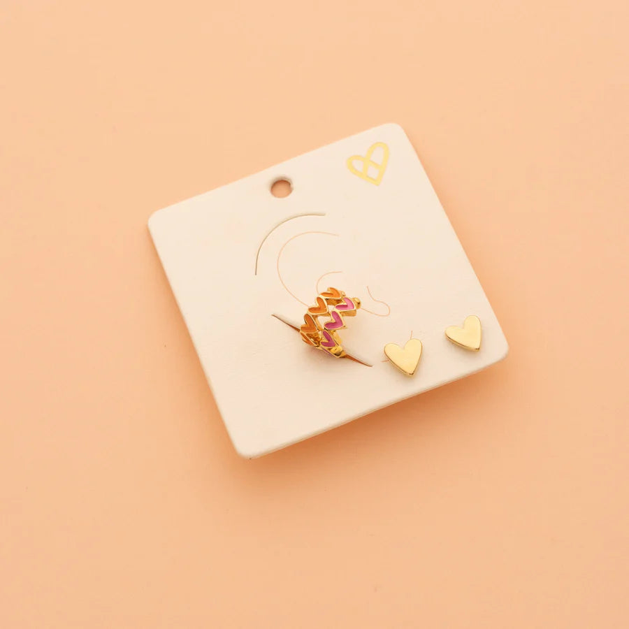Set De Aretes + Earcuff Corazones Rosa y Naranja