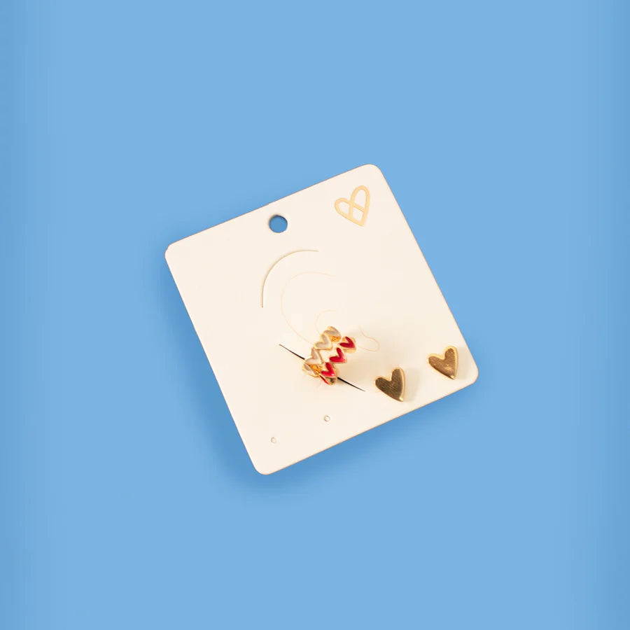 Set De Aretes + Earcuff Corazones Rojo y Blanco